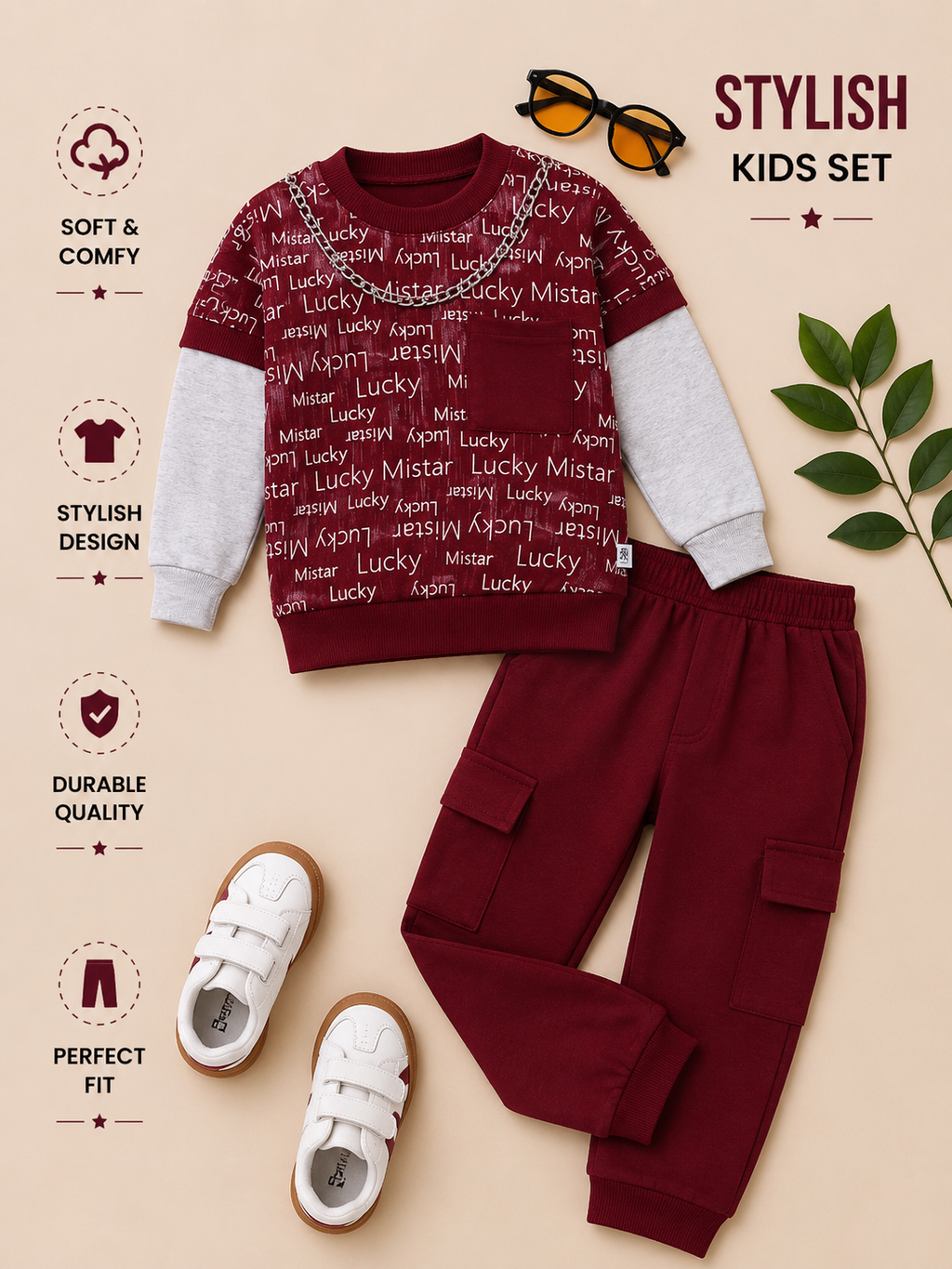 Boys Lucky Mistar Layered Sweatshirt & Cargo Jogger Set – 3 Colors