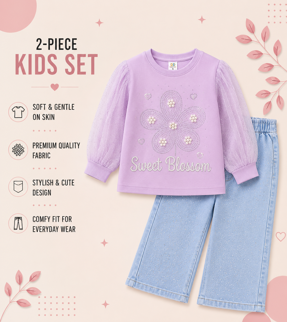 Sweet Blossom Girls Pearl Flower Top & Sparkle Wide-Leg Jeans 2-Piece Set