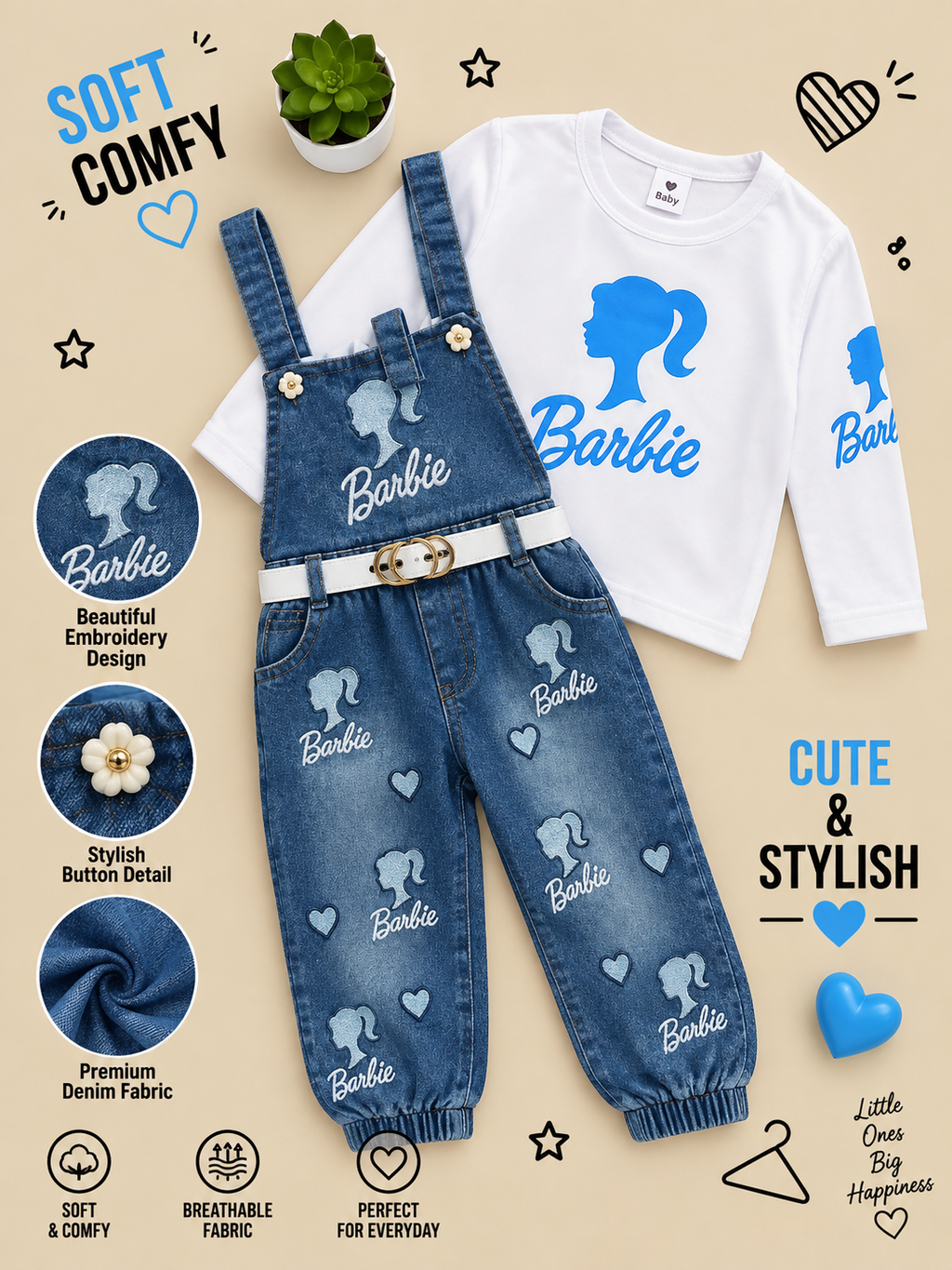 Barbie Girls Premium Denim Dungaree Set with Full Sleeve Top 💕