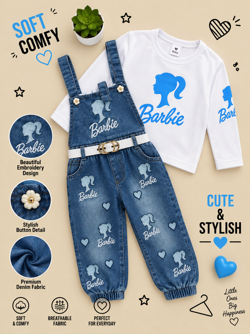 Barbie Girls Premium Denim Dungaree Set with Full Sleeve Top 💕