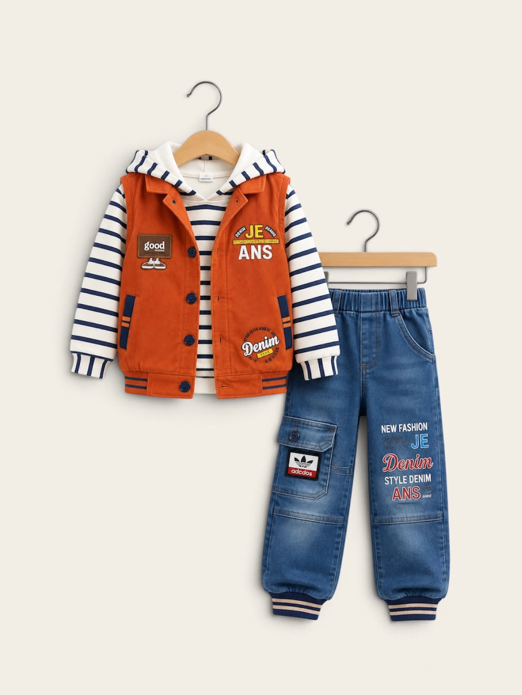 Boys 3-Piece Casual Denim Outfit Set – Striped Hooded Sweatshirt, Button-Up Sleeveless Vest & Cargo Pocket Denim Jogger Pants