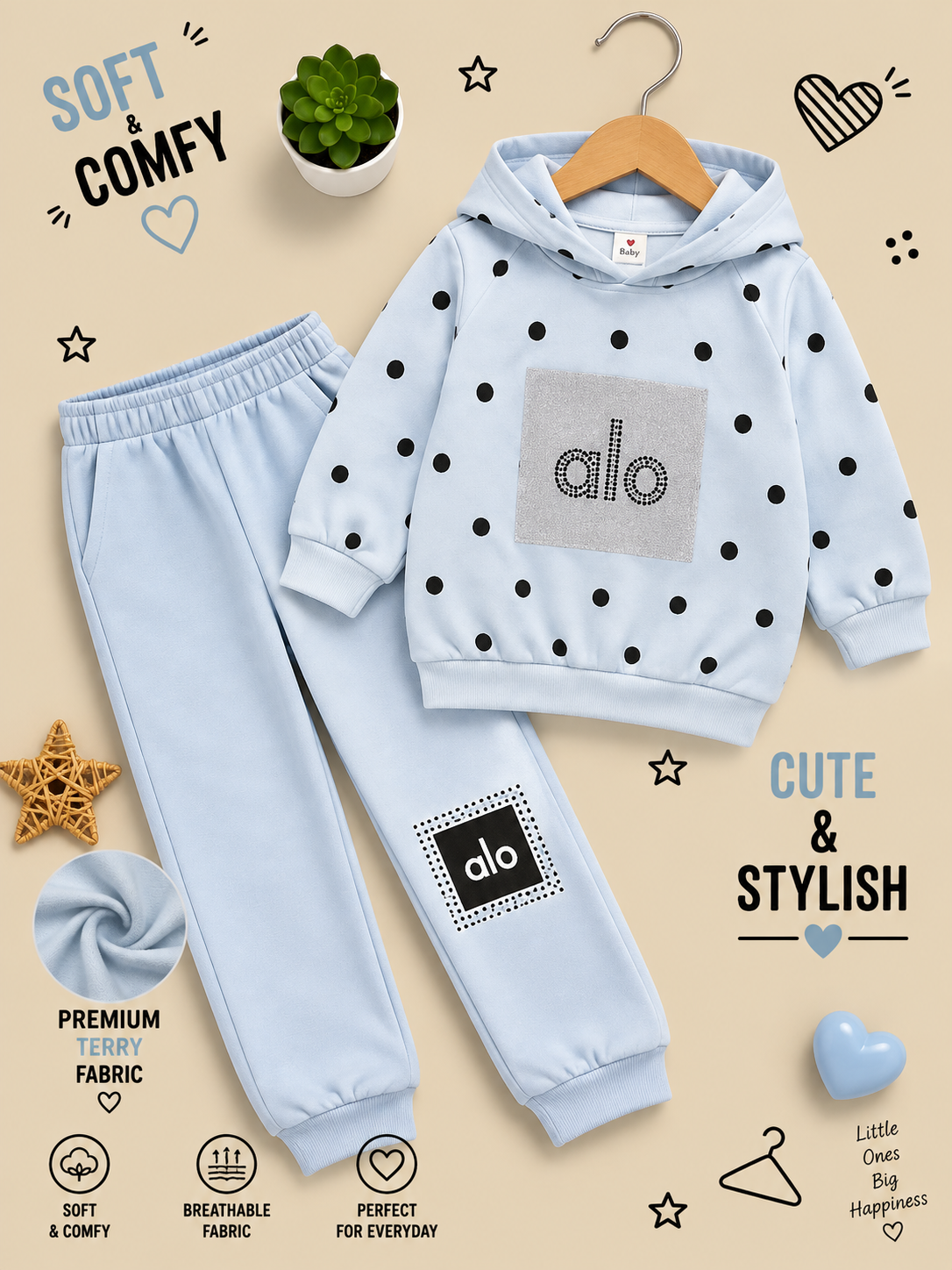 Polka Dot Premium Terry Hoodie Tracksuit Set ✨🤍