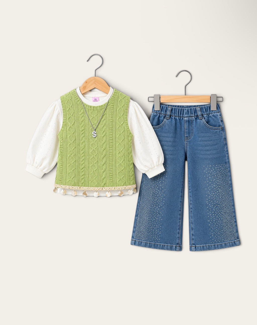 Girls’ Stylish Cable Knit Sweater Vest & Rhinestone Wide-Leg Denim Jeans 3-Piece Set 6years-10years