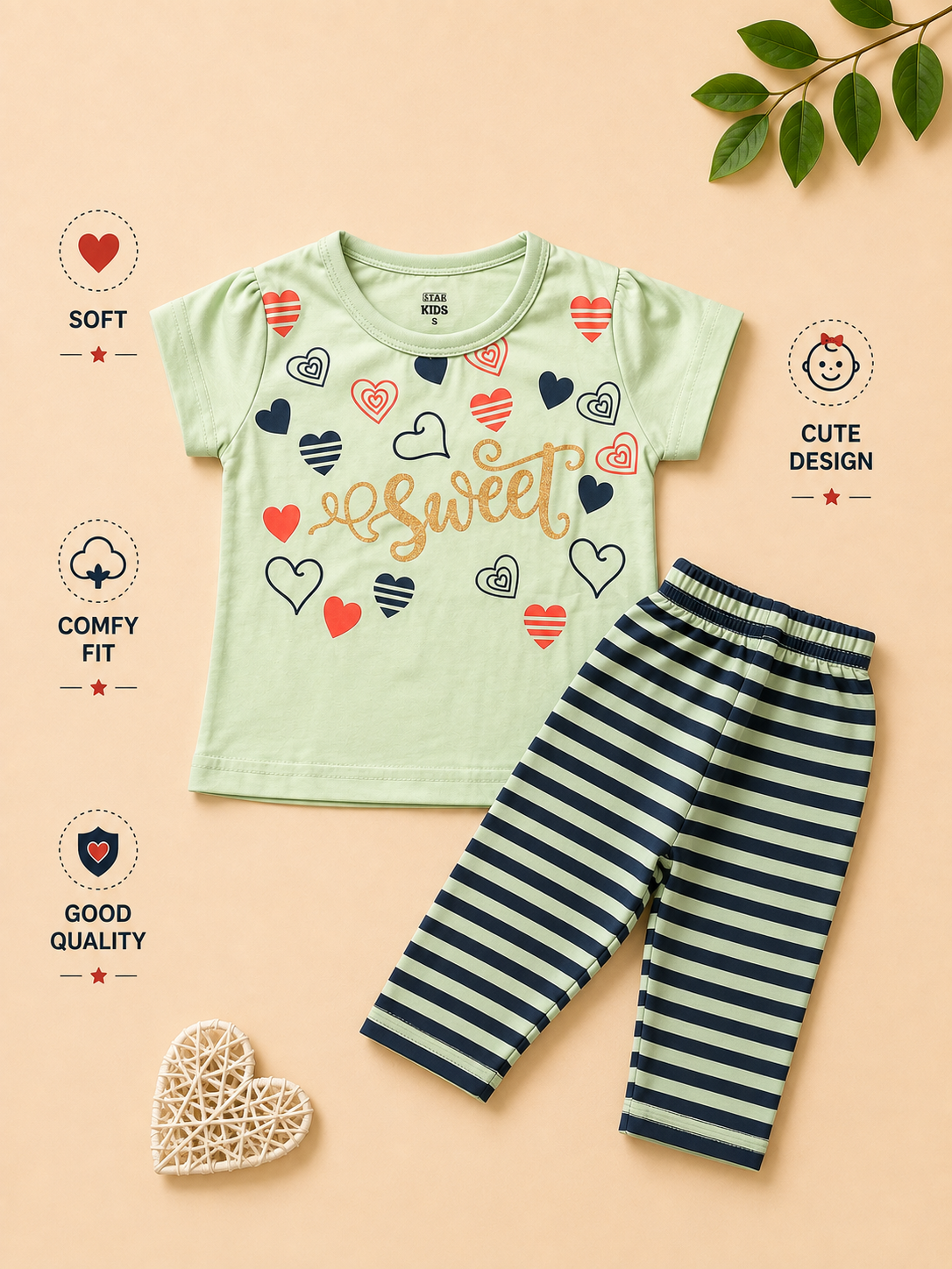 Girls Sweet Hearts Printed T-Shirt & Striped Pants 2-Piece Set