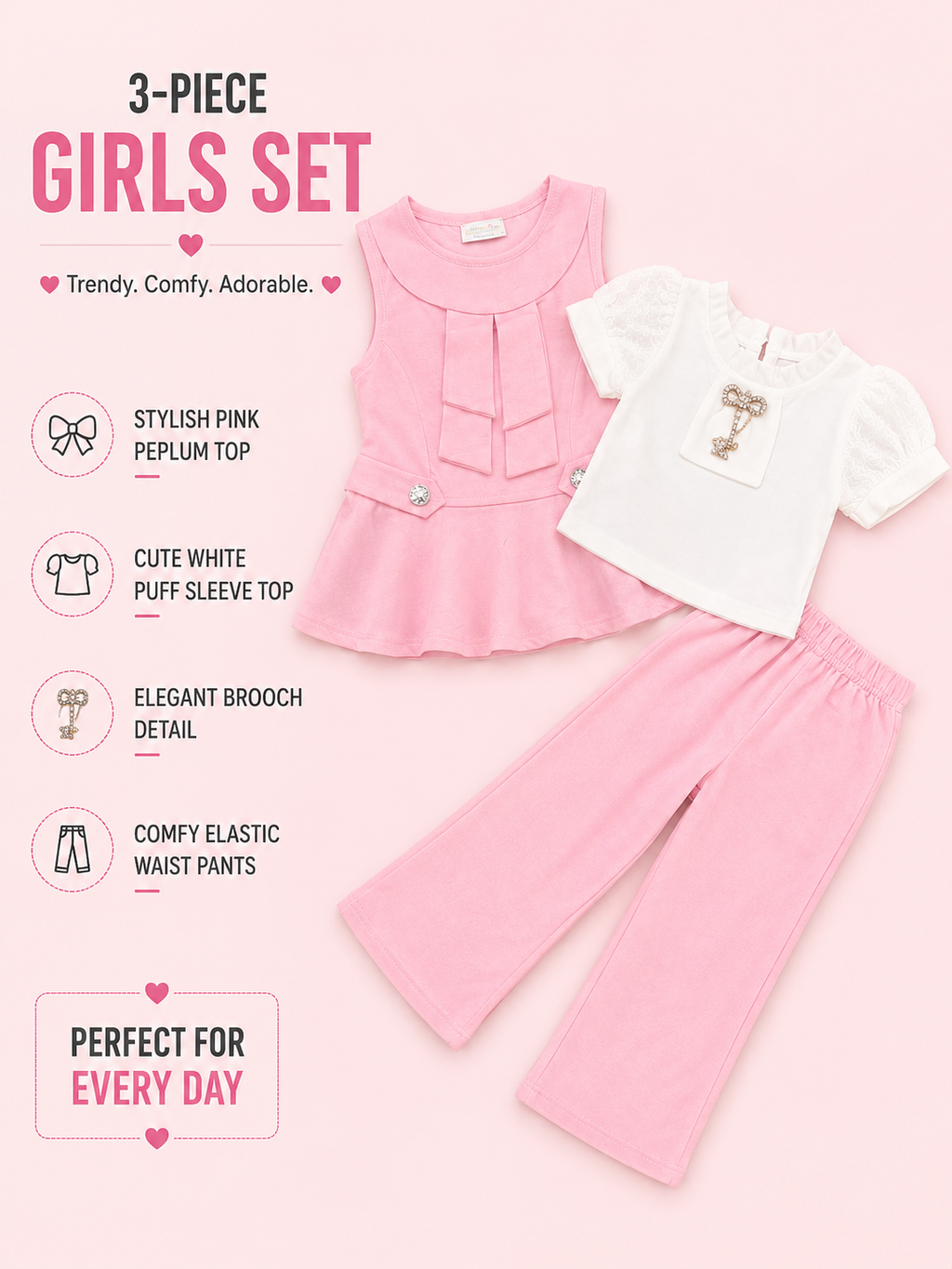 Girls Elegant Peplum Top, Puff Sleeve Shirt & Wide-Leg Pants 3-Piece Set – Pink & Red Variants