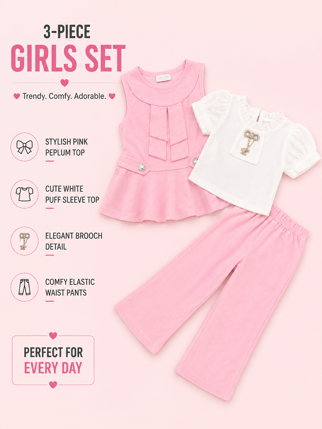 Girls Elegant Peplum Top, Puff Sleeve Shirt & Wide-Leg Pants 3-Piece Set – Pink & Red Variants