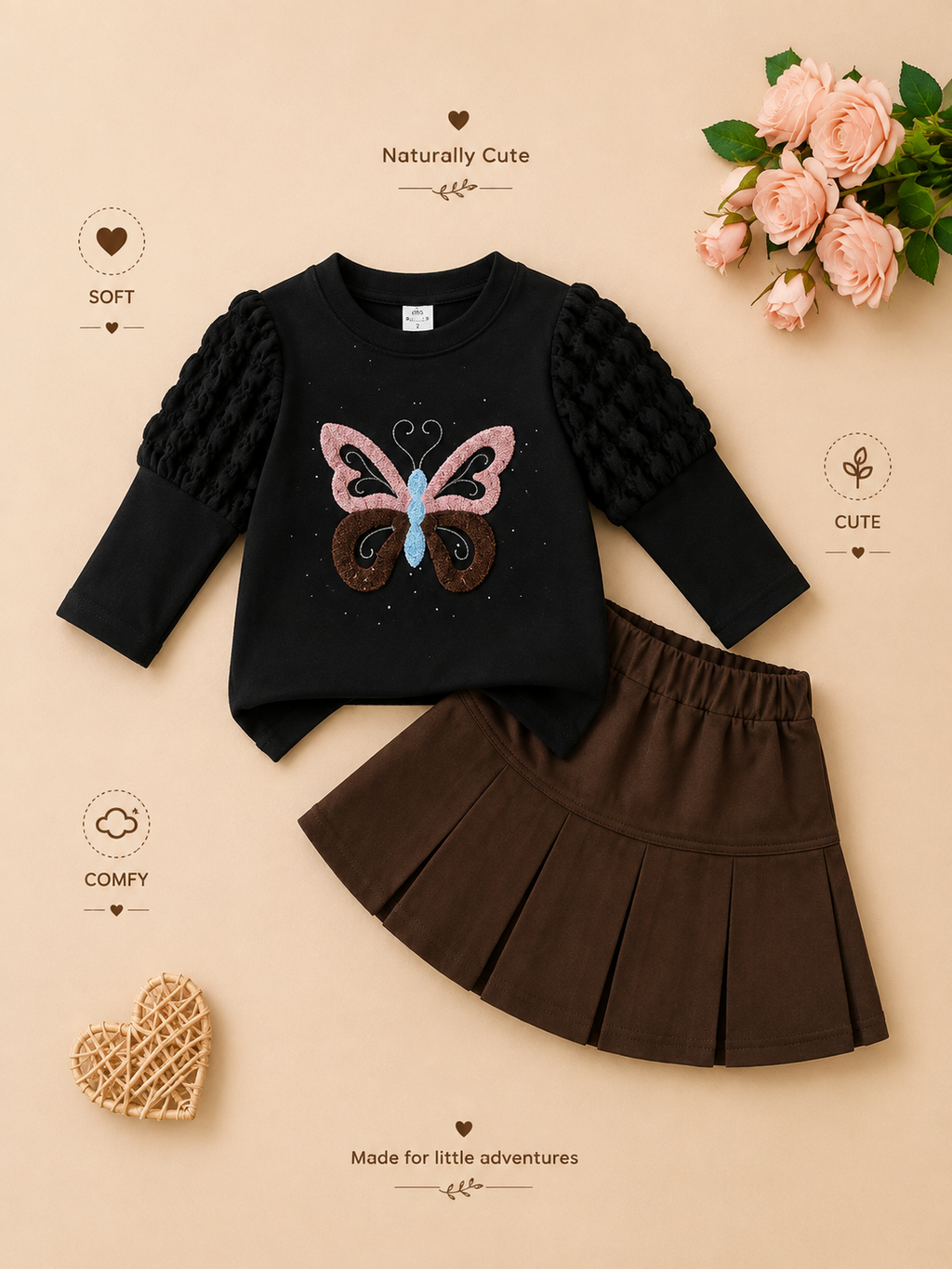 Butterfly Charm Girls Top & Pleated Skirt Set 🦋🤎