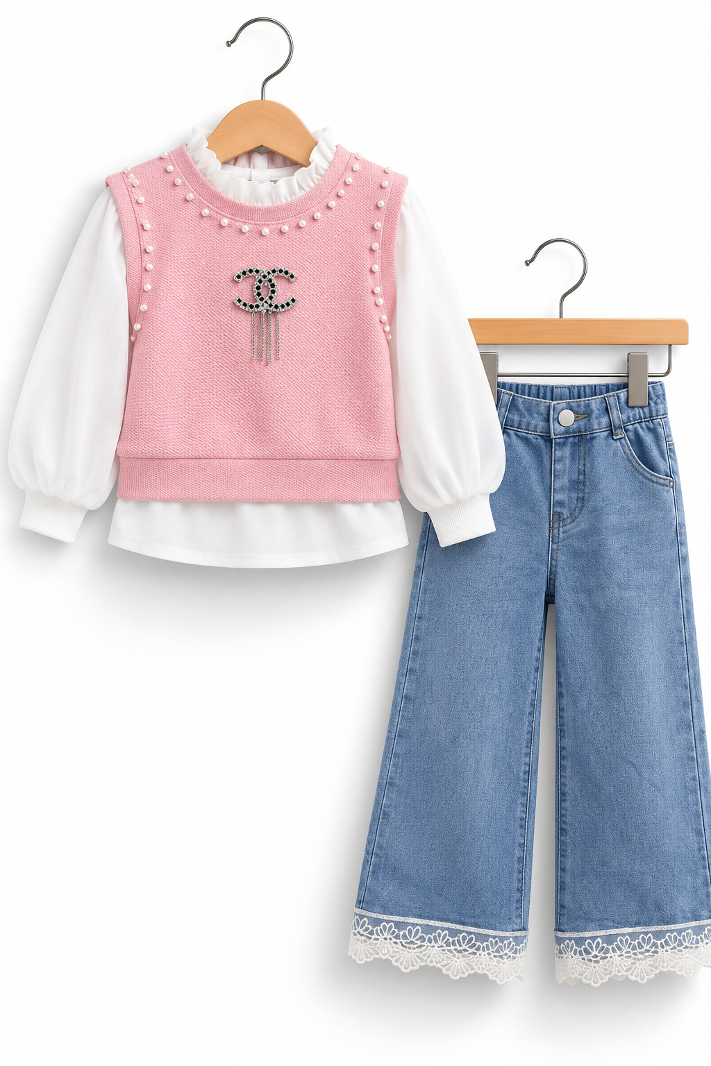 Girls 3-Piece Pearl Embellished Outfit Set – Stylish Sleeveless Top, White Puff Sleeve Shirt & Lace Trim Wide Leg Denim Jeans