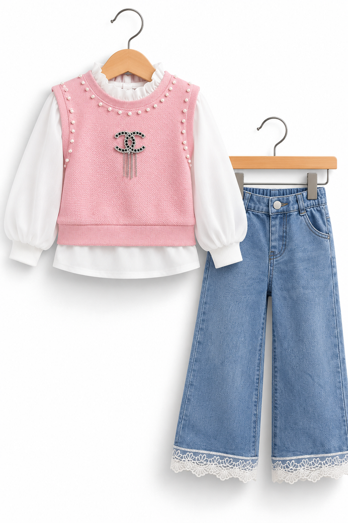 Girls 3-Piece Pearl Embellished Outfit Set – Stylish Sleeveless Top, White Puff Sleeve Shirt & Lace Trim Wide Leg Denim Jeans