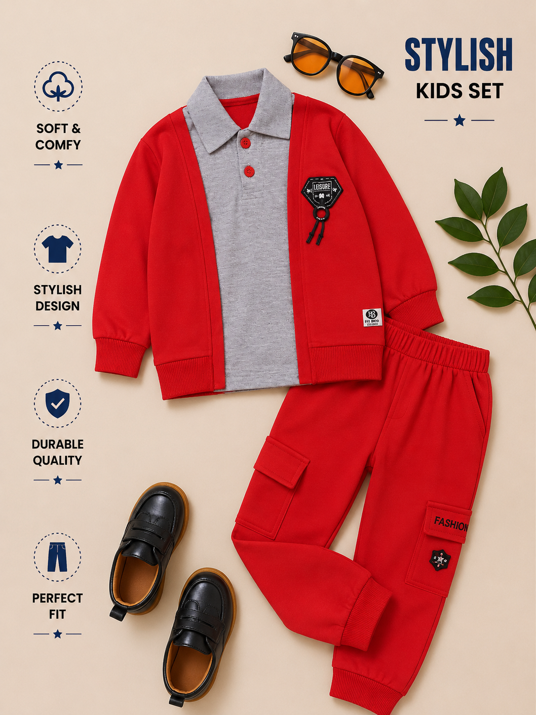 Boys Premium Polo Layered Cargo Tracksuit Set – Red & Black Variants