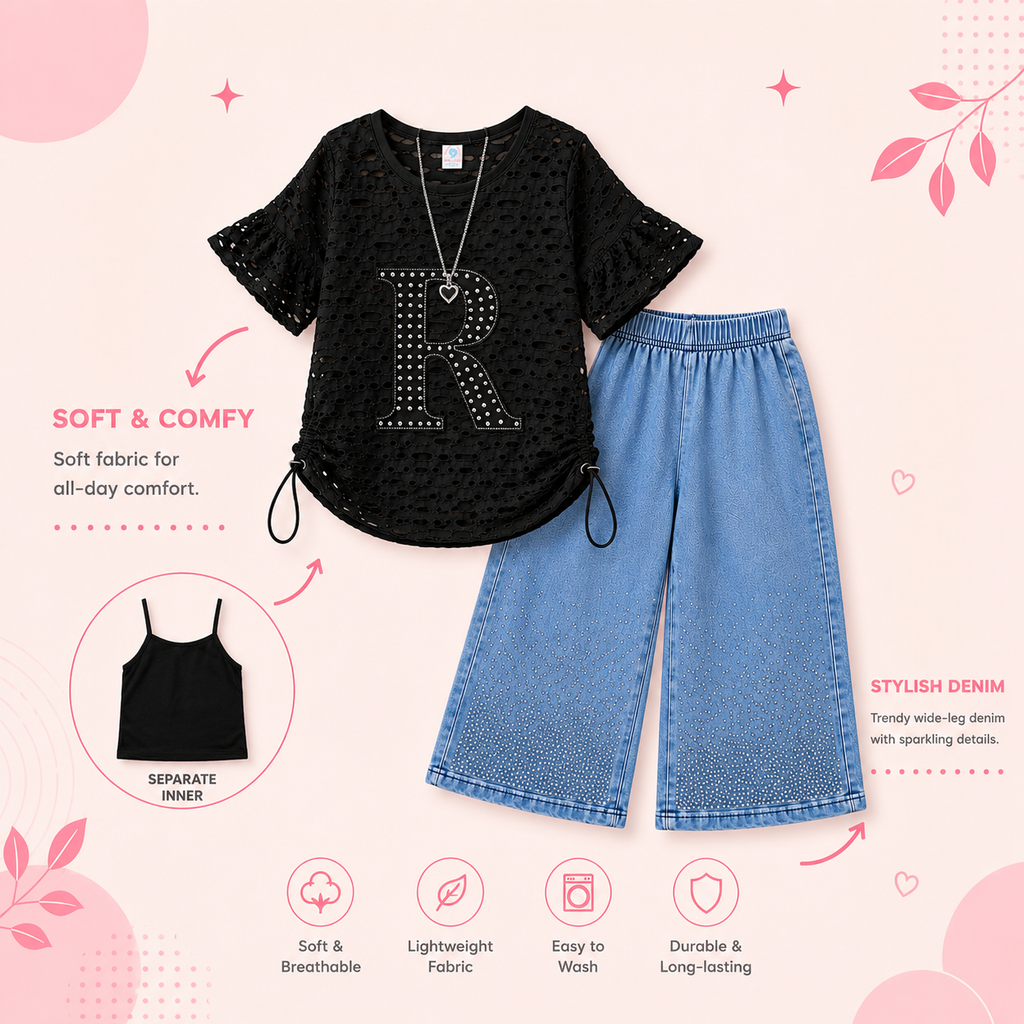 Girls 3-Piece Co-Ord Set with Inner Camisole & Wide Leg Denim Pants