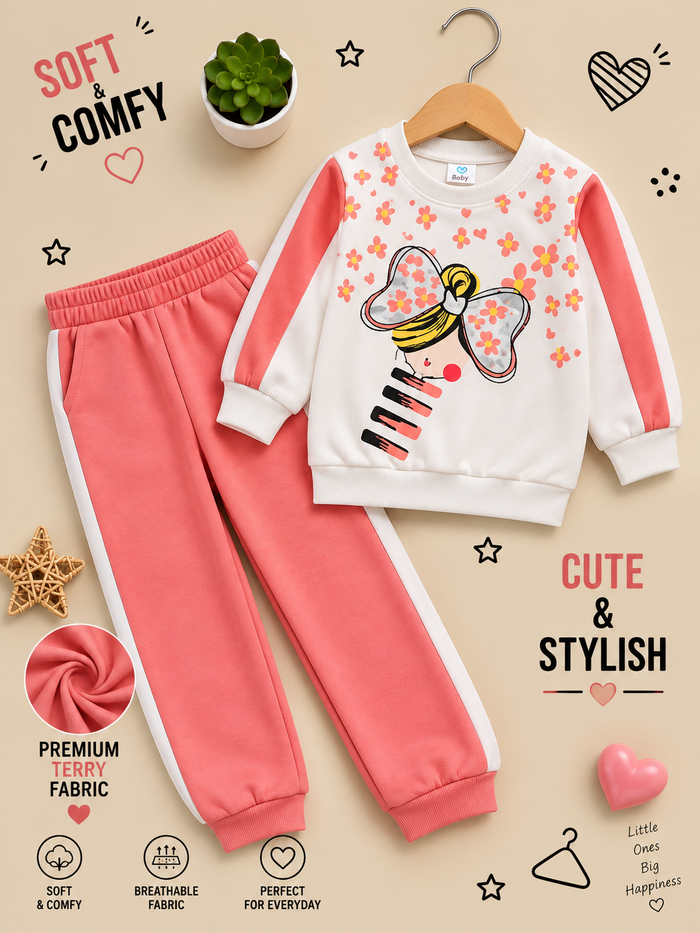 Floral Bow Premium Terry Girls Tracksuit Set 🌸🎀