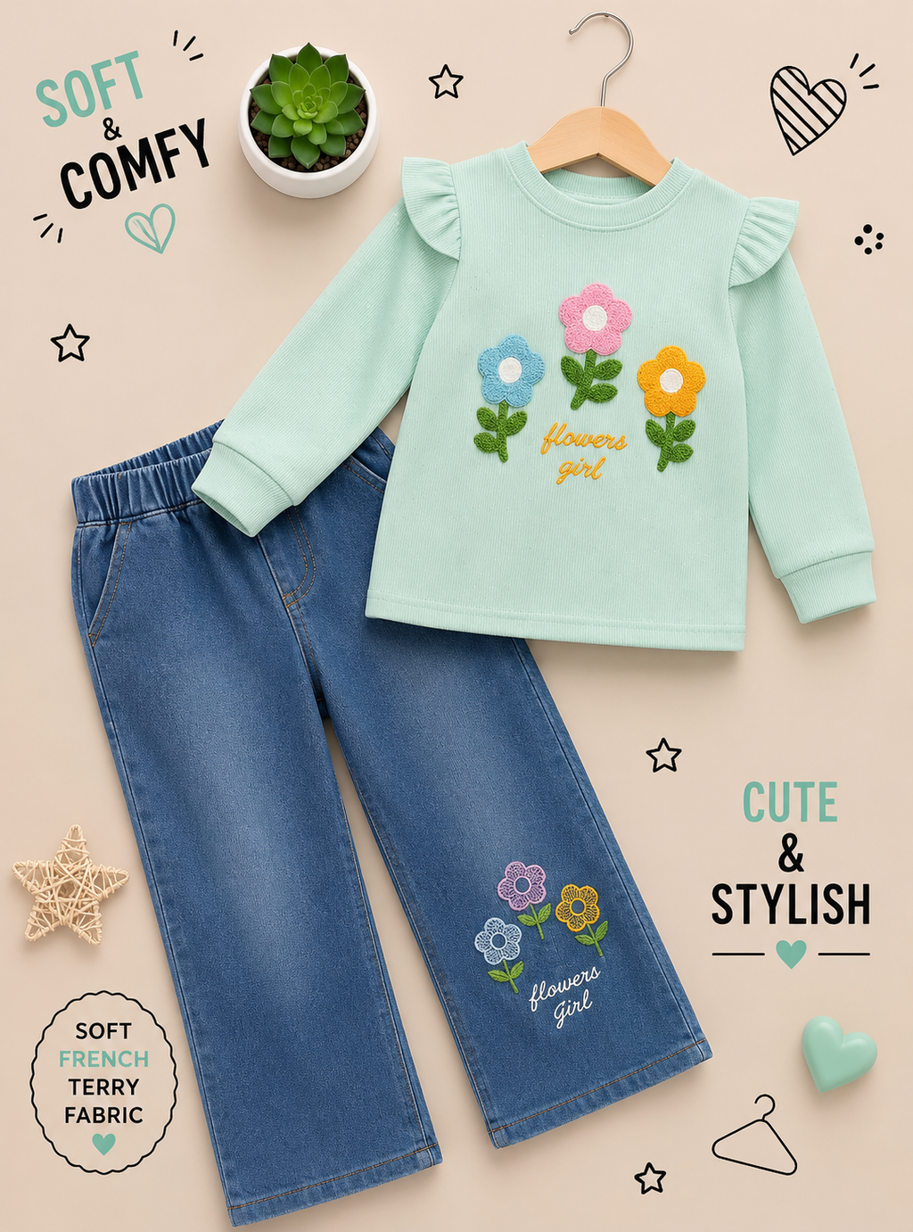 Girls Floral Ruffle Top & Wide-Leg Denim Set 🌸💗