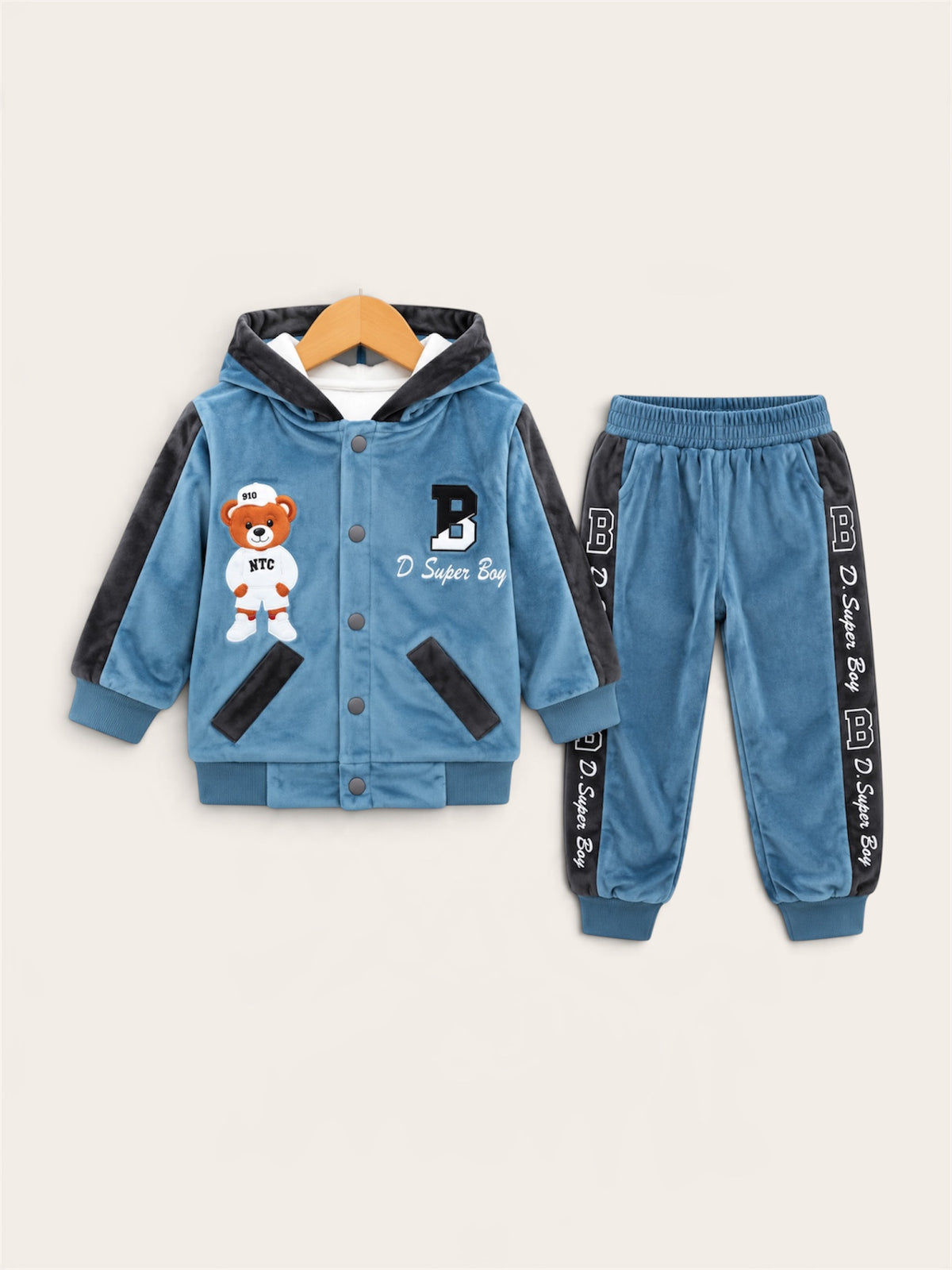Boys Teddy Bear Embroidered Velvet Hooded Jacket & Trouser 2-Piece Winter Set