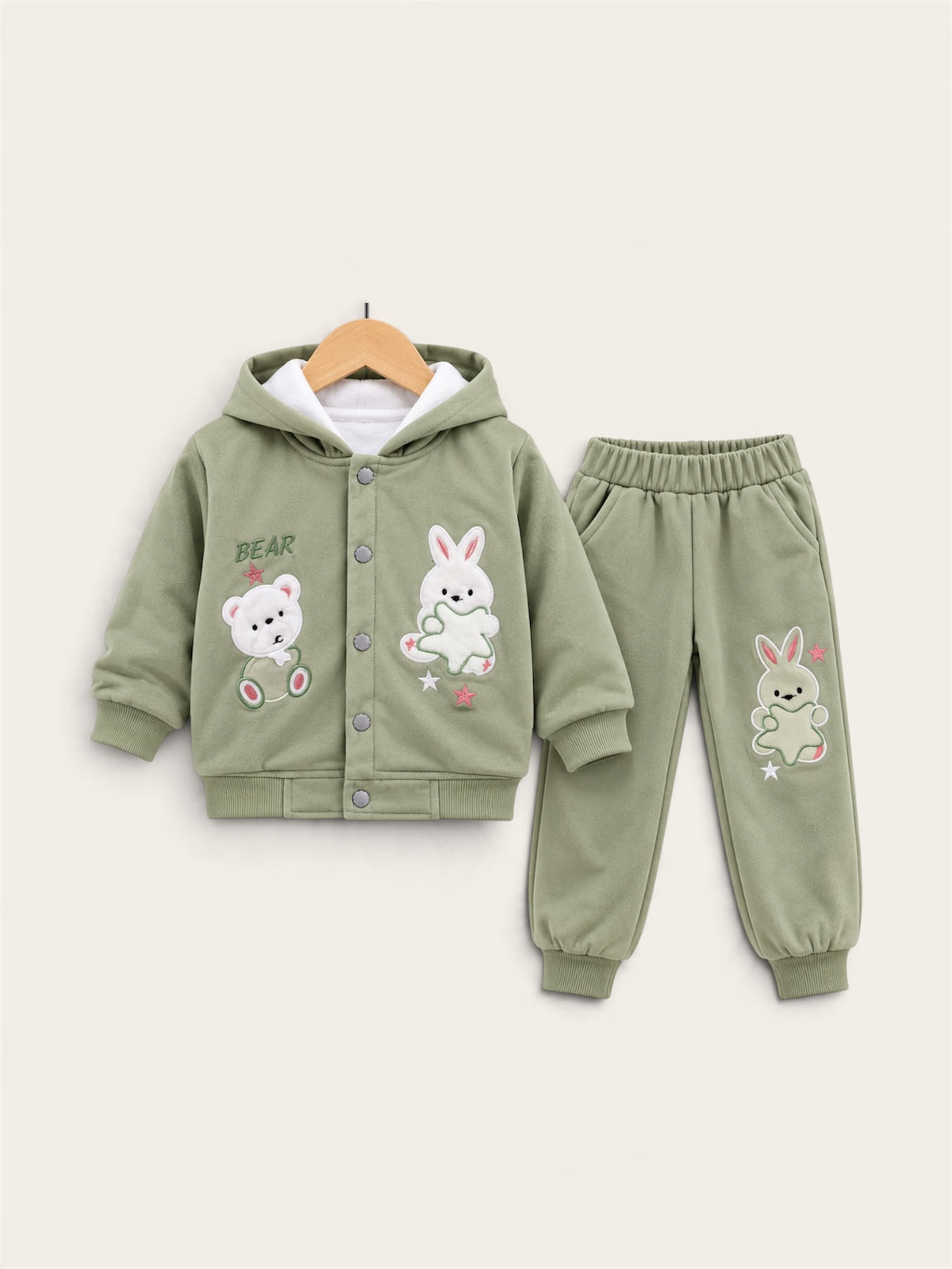 Kids Cute Teddy Bear & Bunny Embroidered Hooded Jacket with Trouser – 2 Piece Winter Set