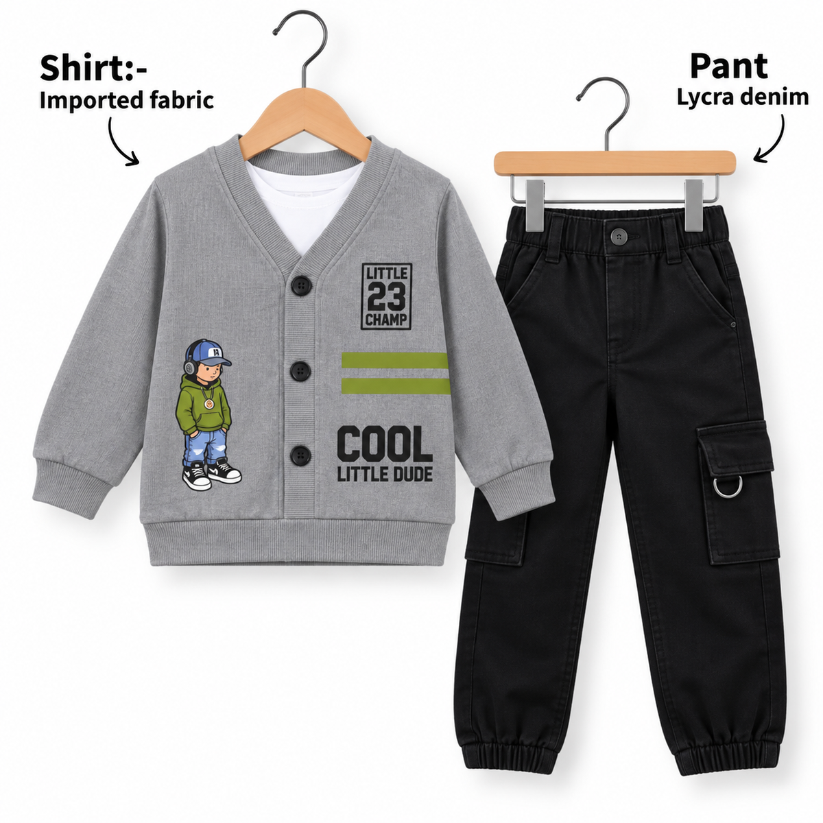 Cool Little Dude Boys 2-Piece Cardigan Shirt & Cargo Denim Pant Set 5-8years