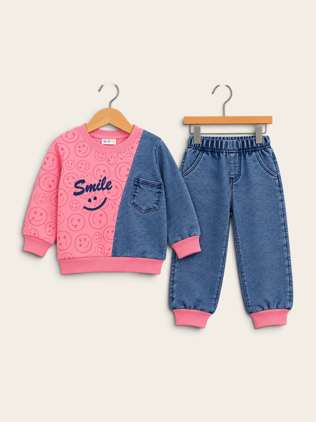 Kids Smile Denim Patch Sweatshirt & Jogger Set
