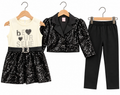 Girls Premium Black Sequin 3-Piece Party Wear Set – Sleeveless Dress, Cropped Blazer & Trouser