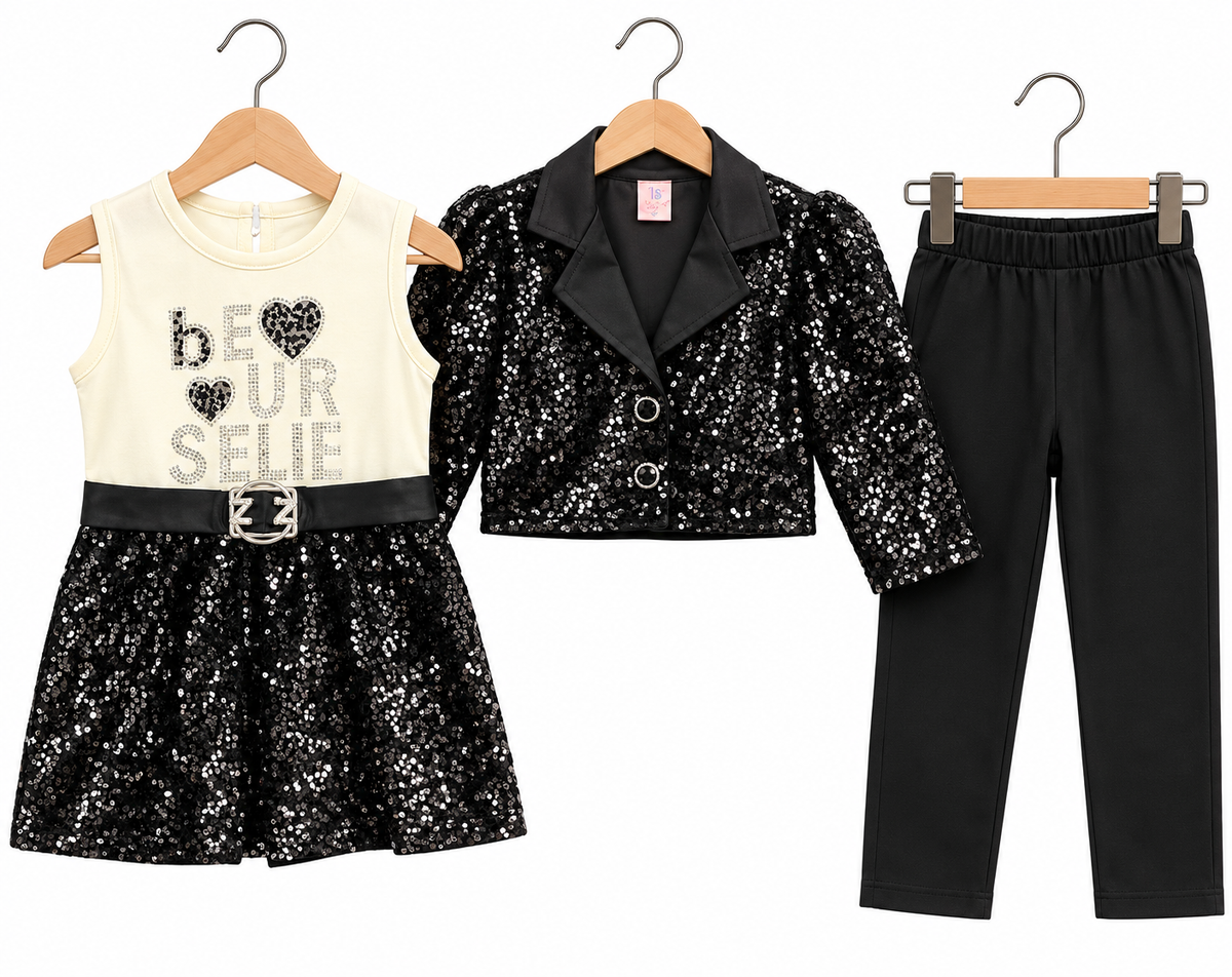 Girls Premium Black Sequin 3-Piece Party Wear Set – Sleeveless Dress, Cropped Blazer & Trouser