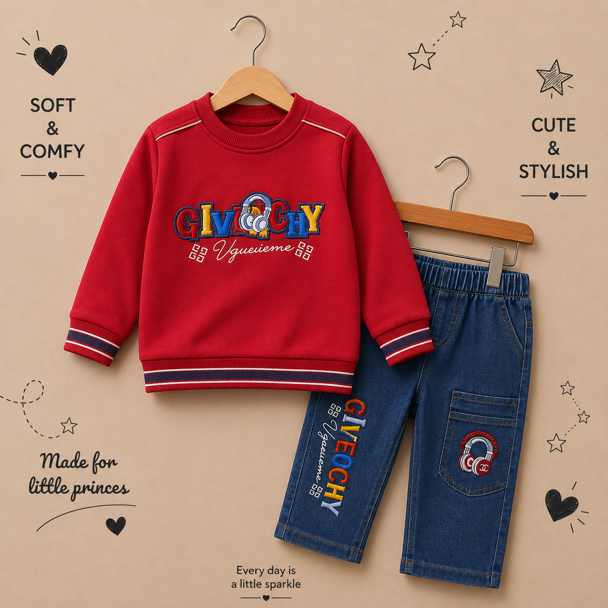 Boys Premium Embroidered Sweatshirt & Denim Jeans 2-Piece Set
