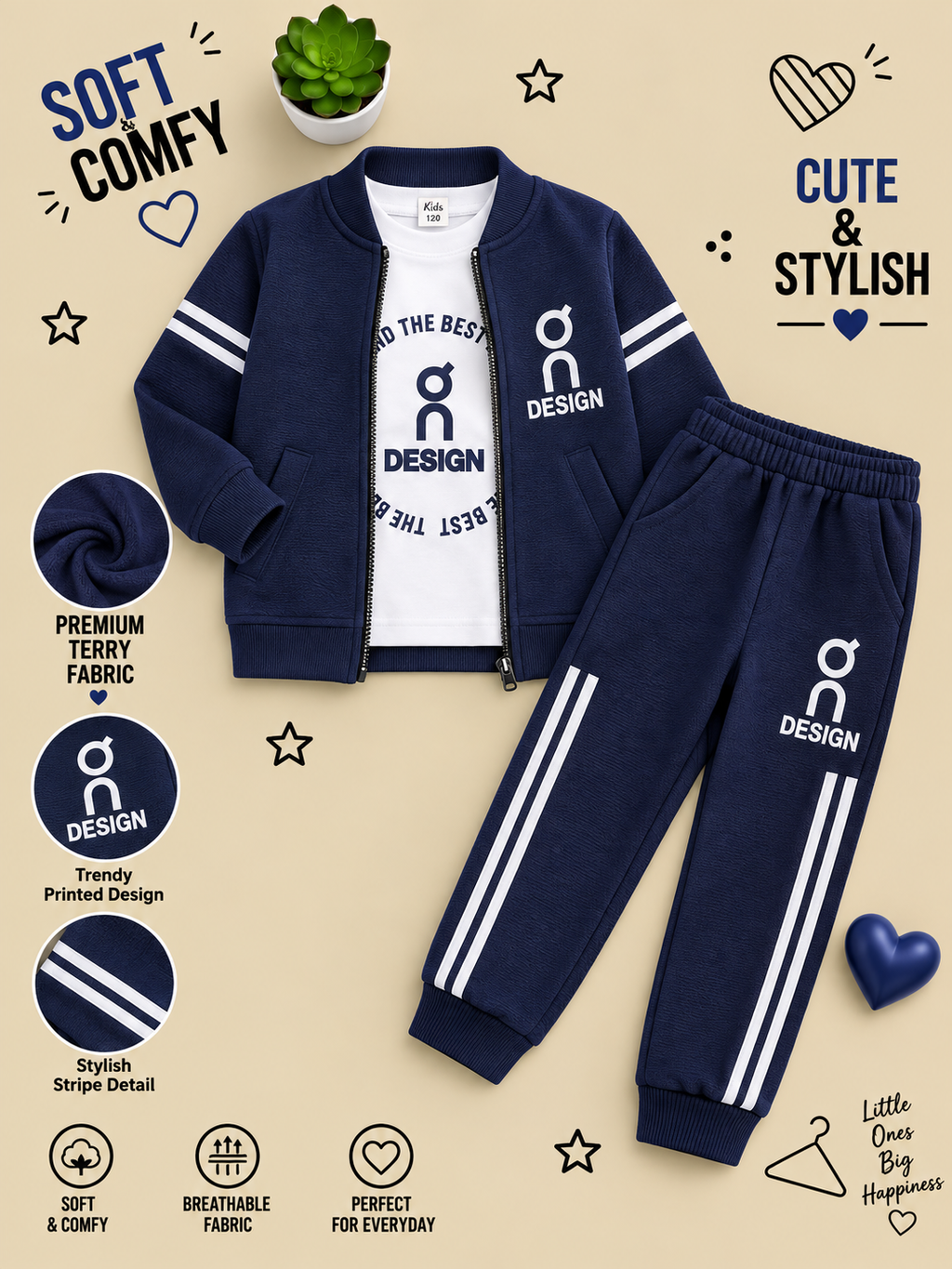 Kids Premium Terry 3-Piece Tracksuit Set – Jacket, T-Shirt & Jogger ✨