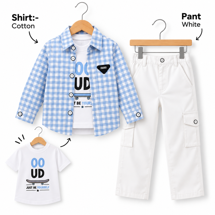 Boys Checkered Shirt, Graphic Tee & White Cargo Pant 3-Piece Set