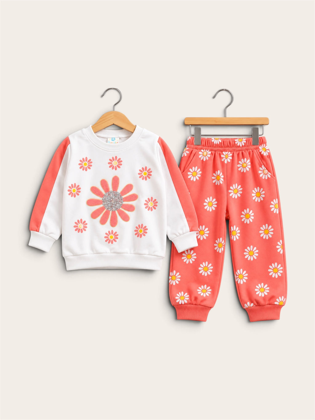 Girls Daisy Floral French Terry Tracksuit – 2 Piece Set