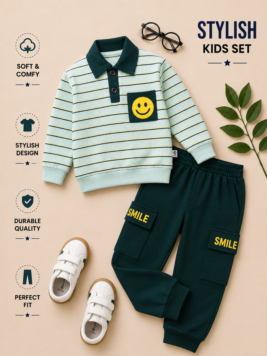 Boys Smile Stripe Polo Sweatshirt & Cargo Jogger 2-Piece Set