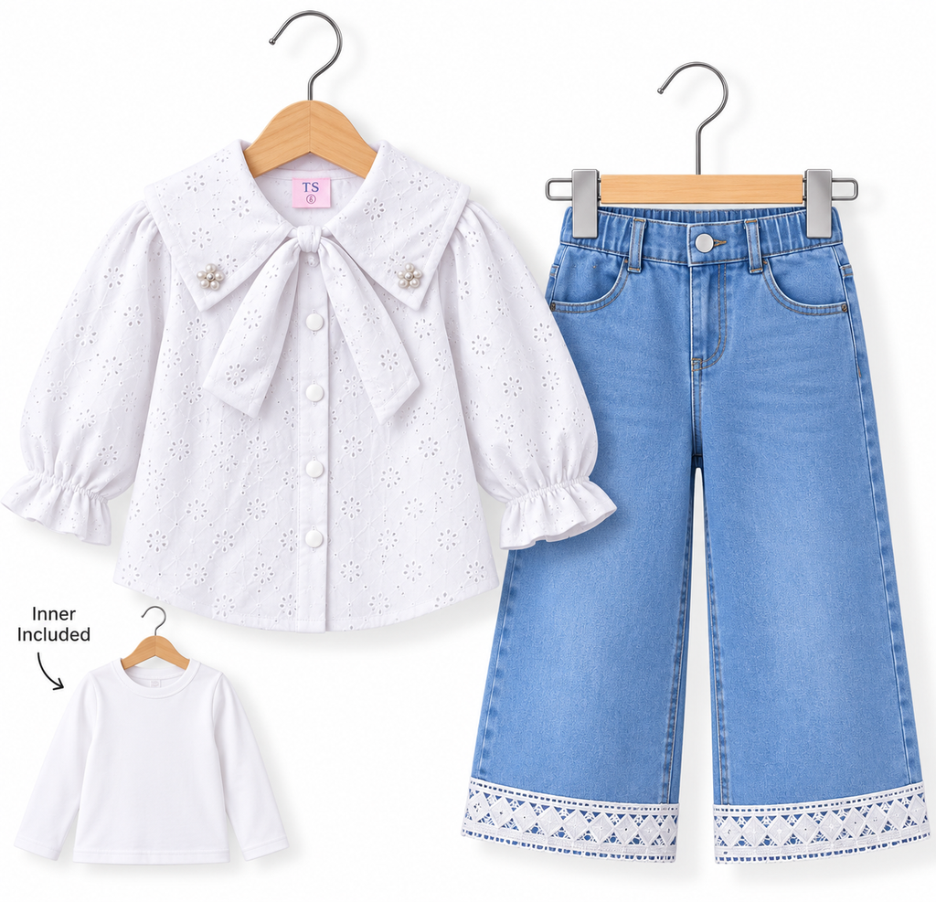 Broderie Bow Collar 3-Piece Girls Set – Shirt, Inner & Lace Trim Wide-Leg Denim