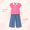 Girls Polo T-Shirt & Wide Leg Denim Pants Set