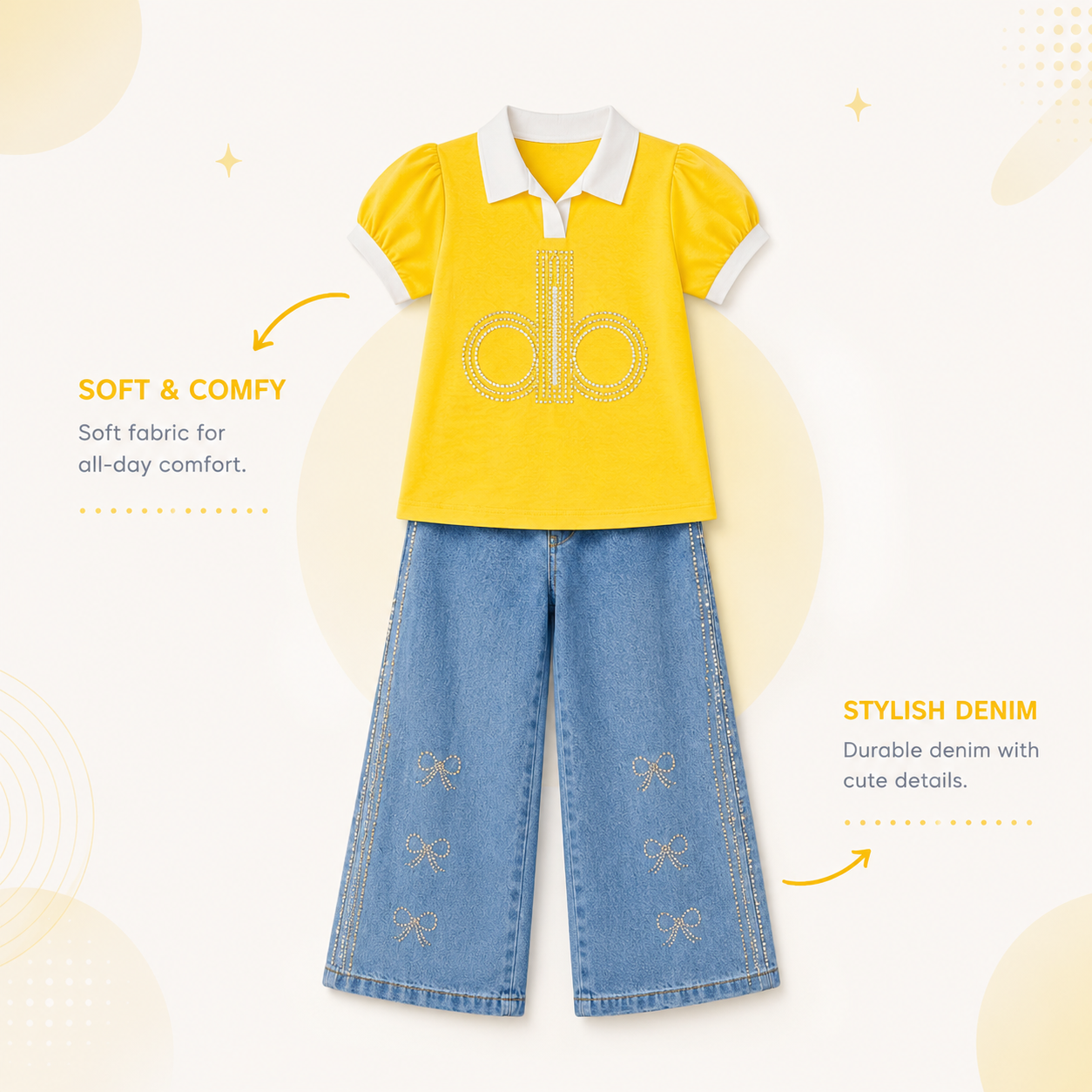 Girls Polo T-Shirt & Wide Leg Denim Pants Set