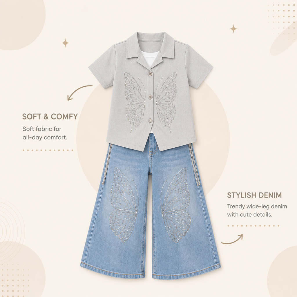 Premium Butterfly Co-Ord Set for Girls | Stylish Denim Outfit