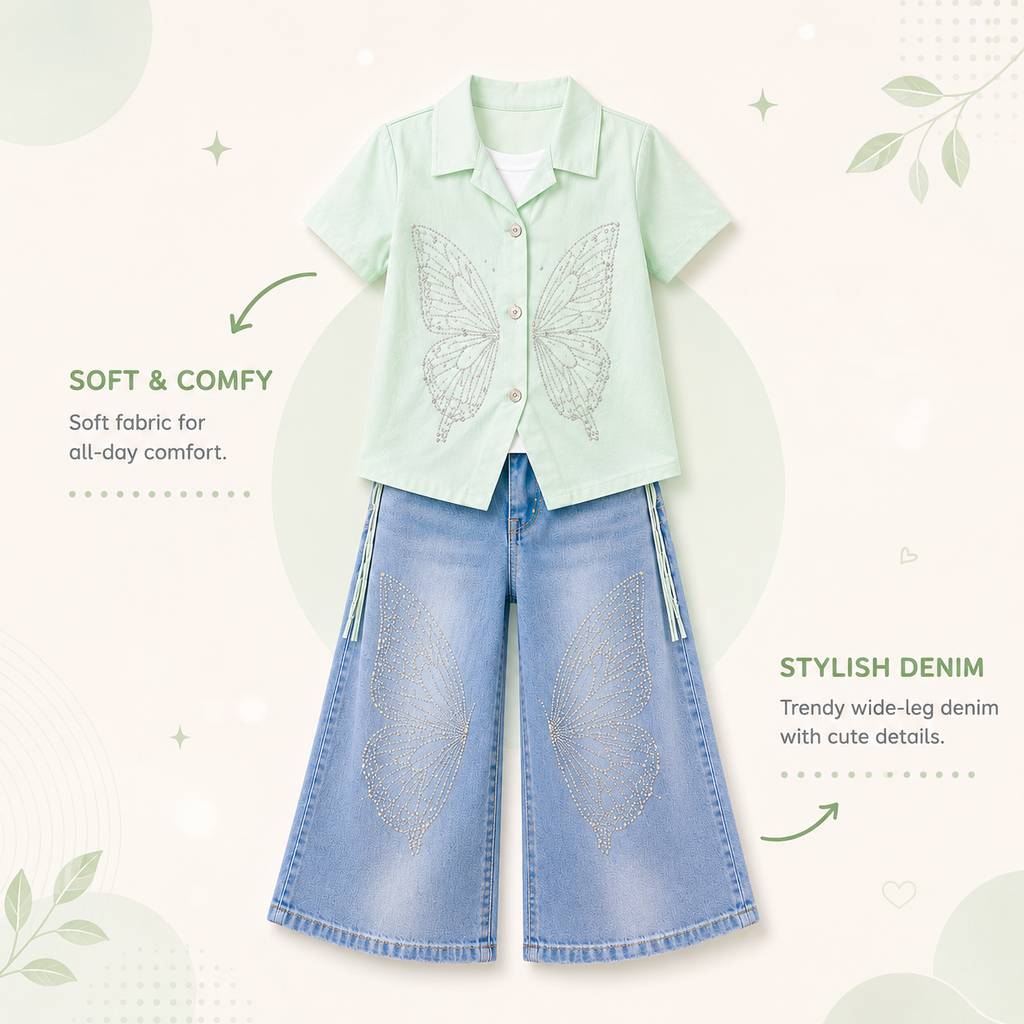 Premium Butterfly Co-Ord Set for Girls | Stylish Denim Outfit