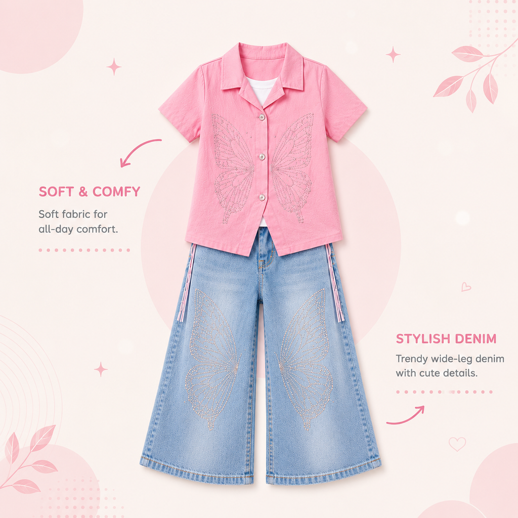 Premium Butterfly Co-Ord Set for Girls | Stylish Denim Outfit