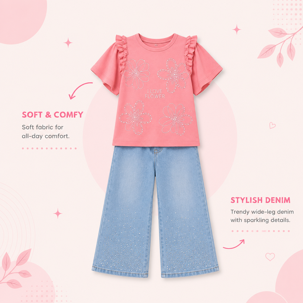 Girls Floral Embellished Co-Ord Set | Wide Leg Denim Outfit (6–10 Years)