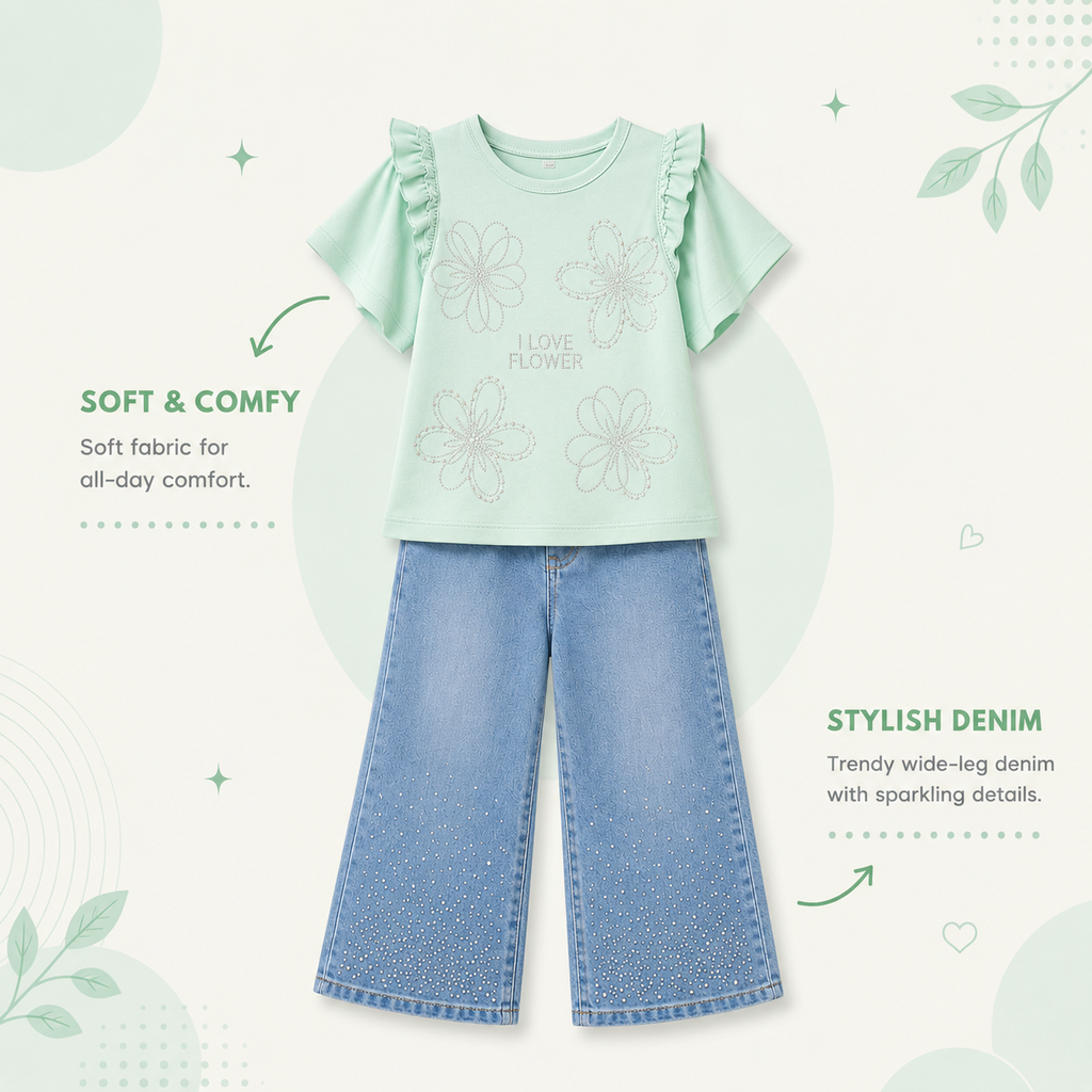 Girls Floral Embellished Co-Ord Set | Wide Leg Denim Outfit (6–10 Years)
