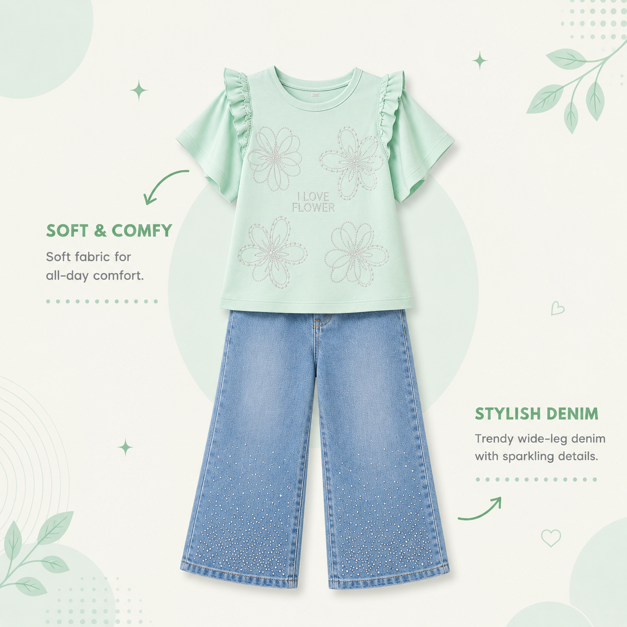 Girls Floral Embellished Co-Ord Set | Wide Leg Denim Outfit (6–10 Years)