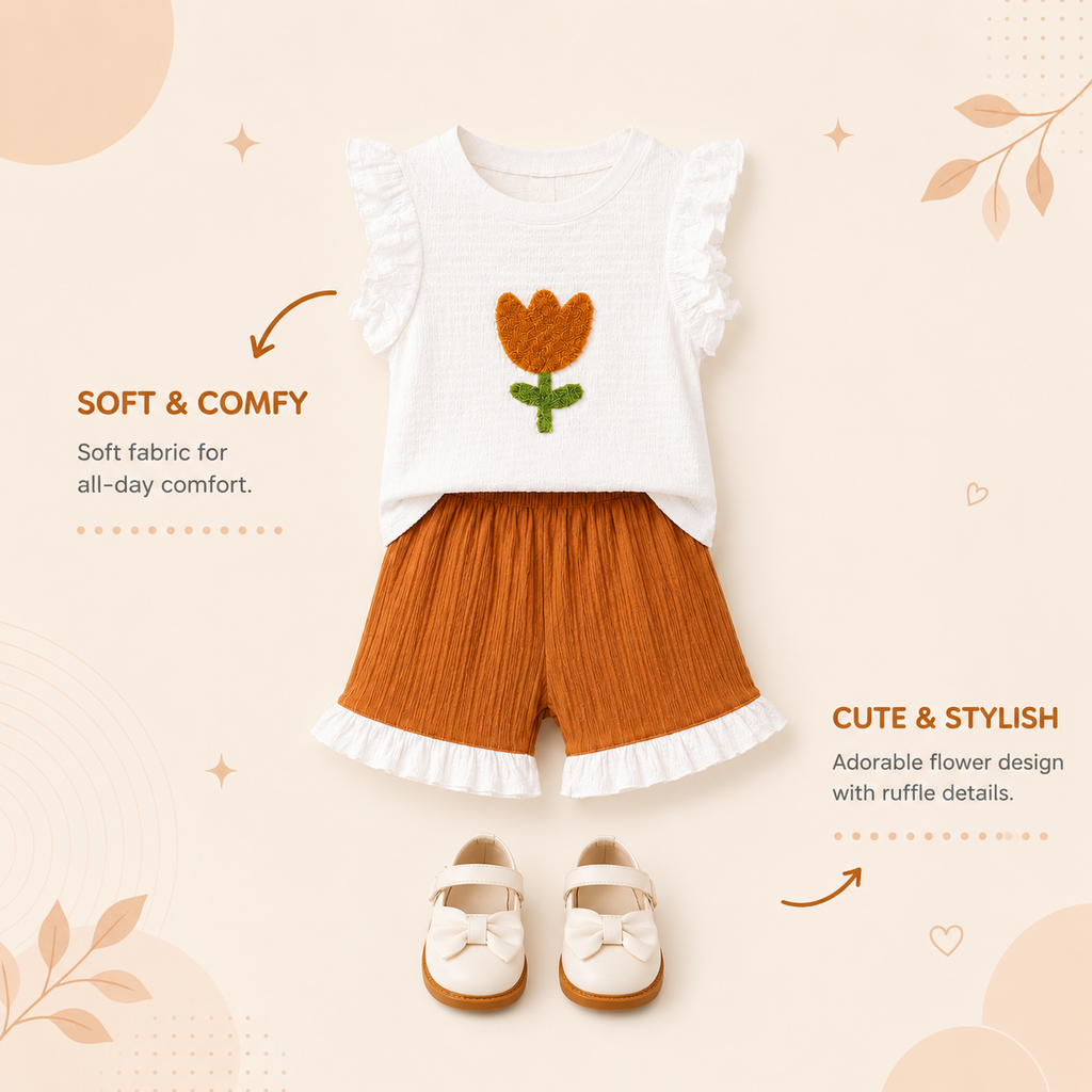 Girls Floral Ruffle Sleeve Top & Shorts Set