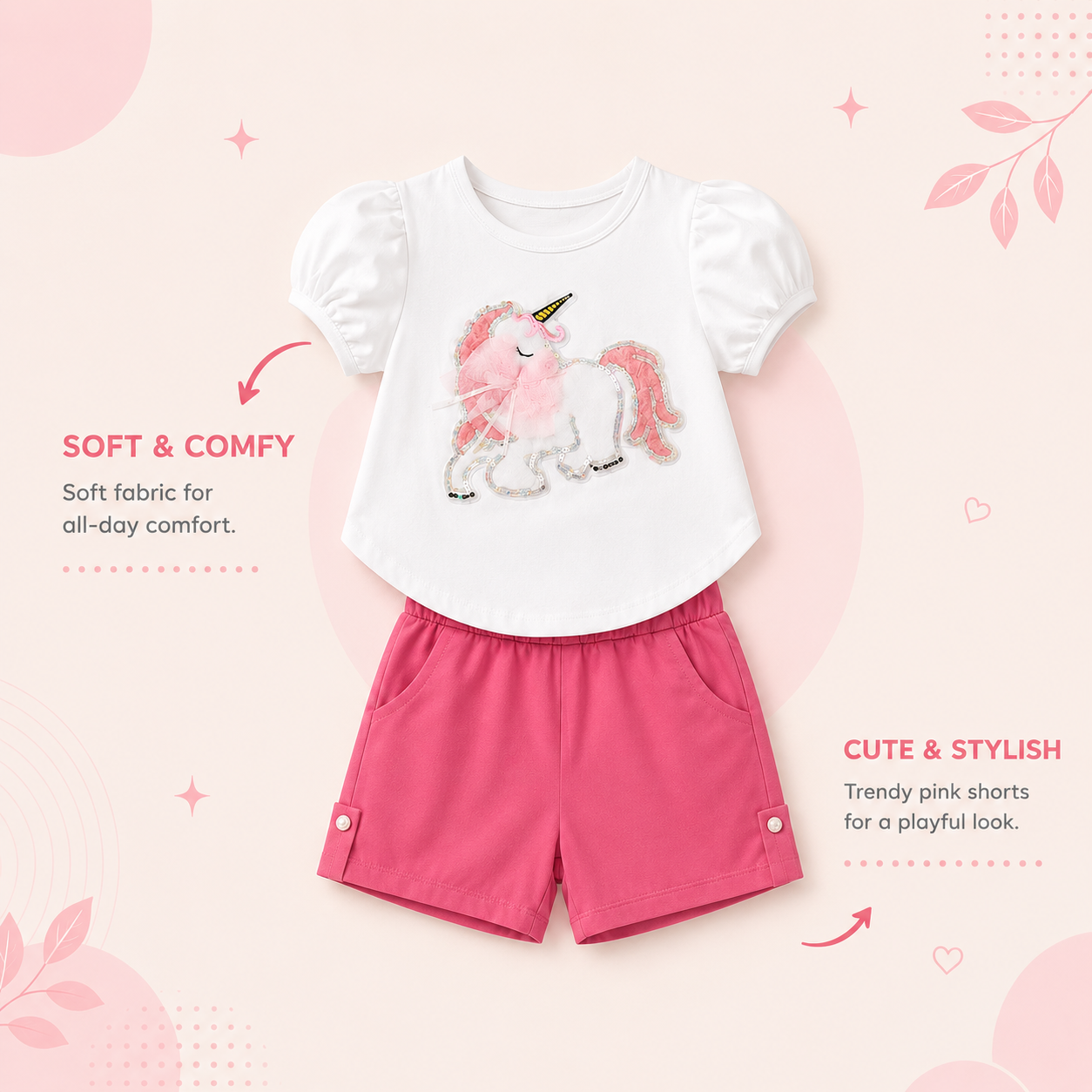 Girls Unicorn Top & Pink Shorts Co-Ord Set