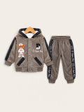 Boys Teddy Bear Embroidered Velvet Hooded Jacket & Trouser 2-Piece Winter Set
