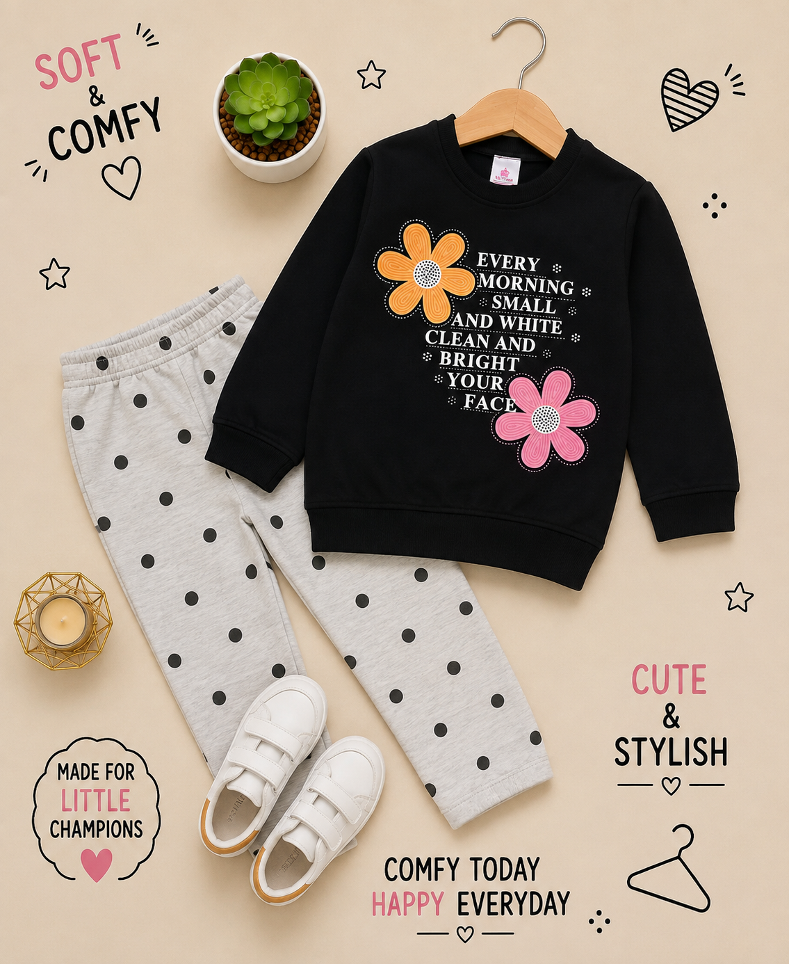 🌸 Girls Floral Sweatshirt & Polka Dot Pants Set
