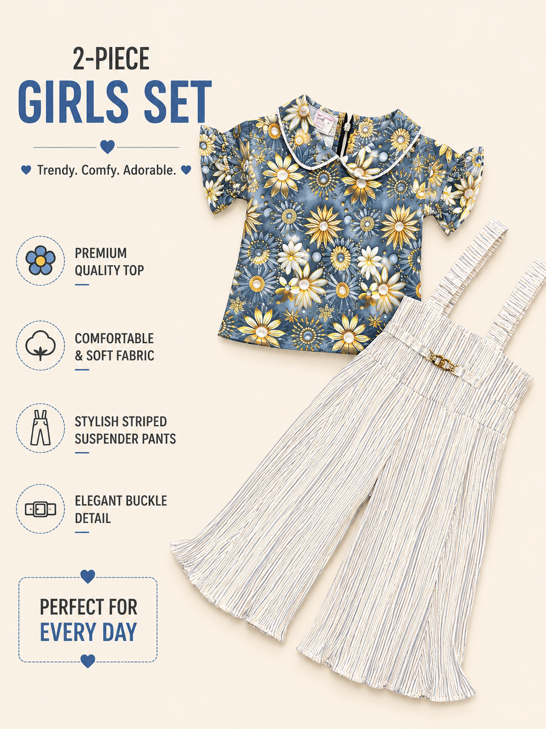 Girls Floral Top & Striped Suspender Wide-Leg Pants 2-Piece Set – Blue & Maroon Variants