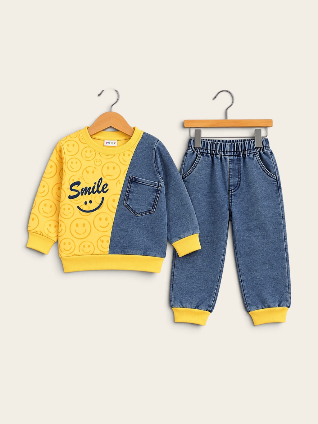 Kids Smile Denim Patch Sweatshirt & Jogger Set