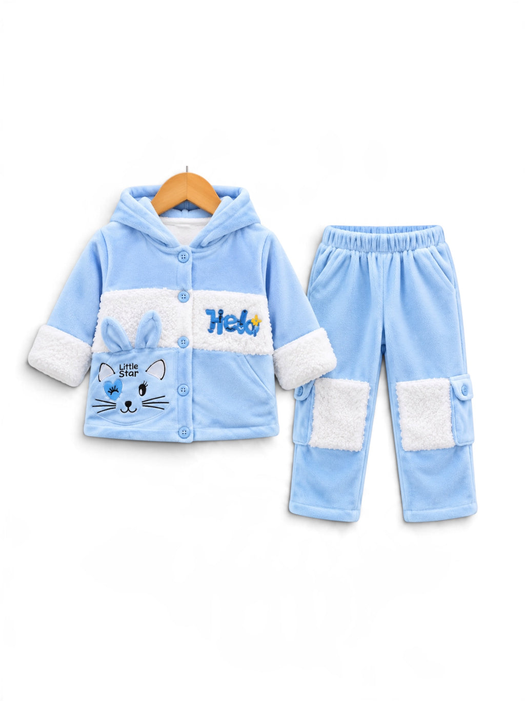 Kids Little Star Bunny Hooded Fleece Winter 2-Piece Suit – Soft & Cozy Jacket with Cargo Pants (Blue, Pink & Yellow)