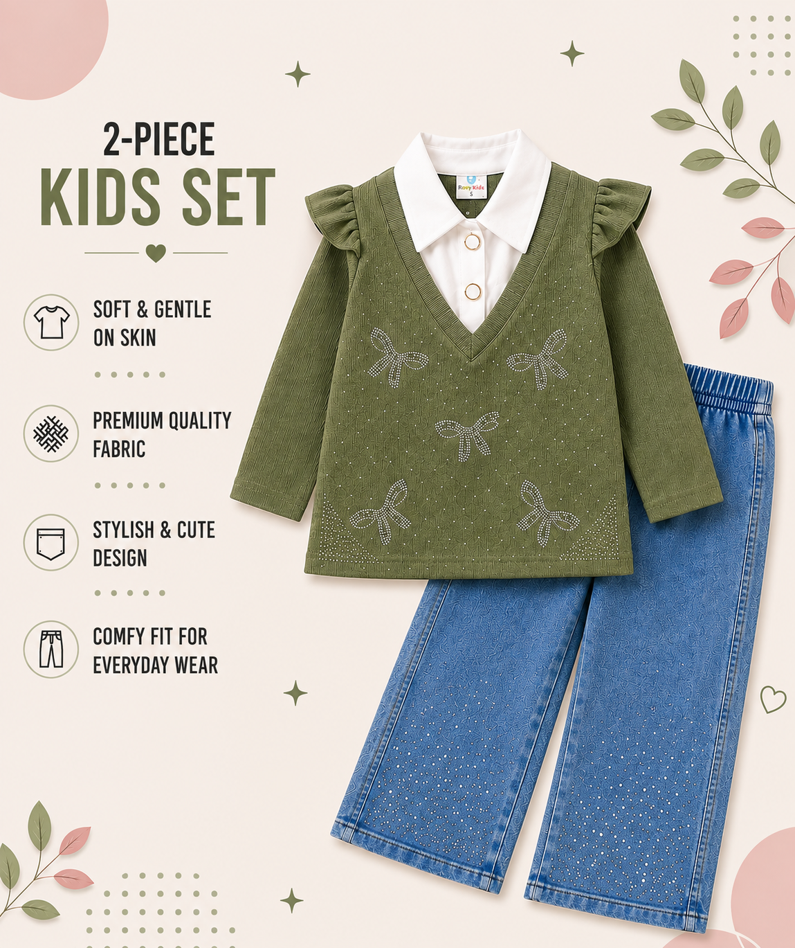 Girls Sparkle Bow Top & Wide-Leg Denim 2-Piece Set – 6 to 10 Years