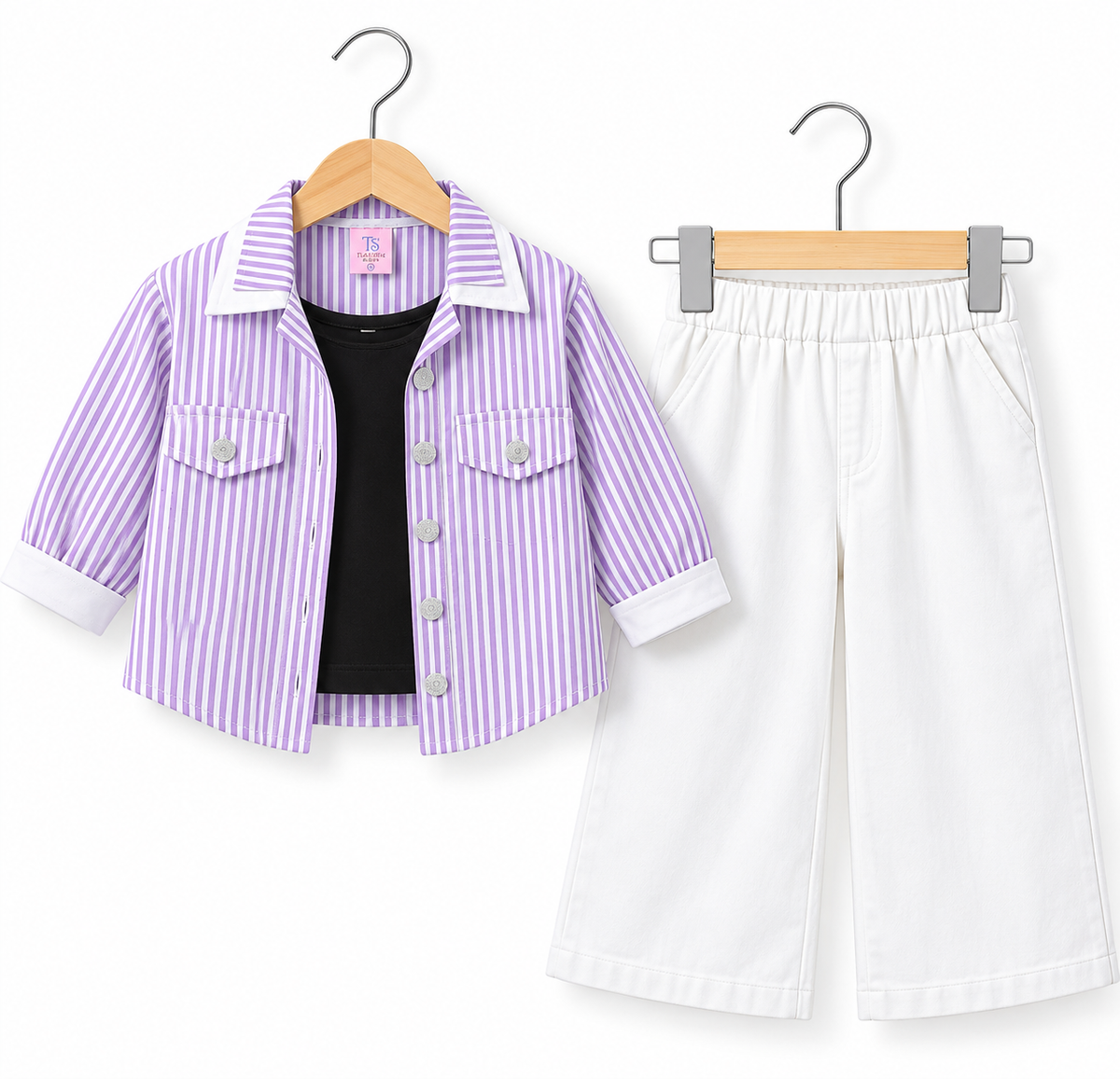 Striped 3-Piece Girls Co-Ord Set – Jacket, Top & Wide Leg Pants