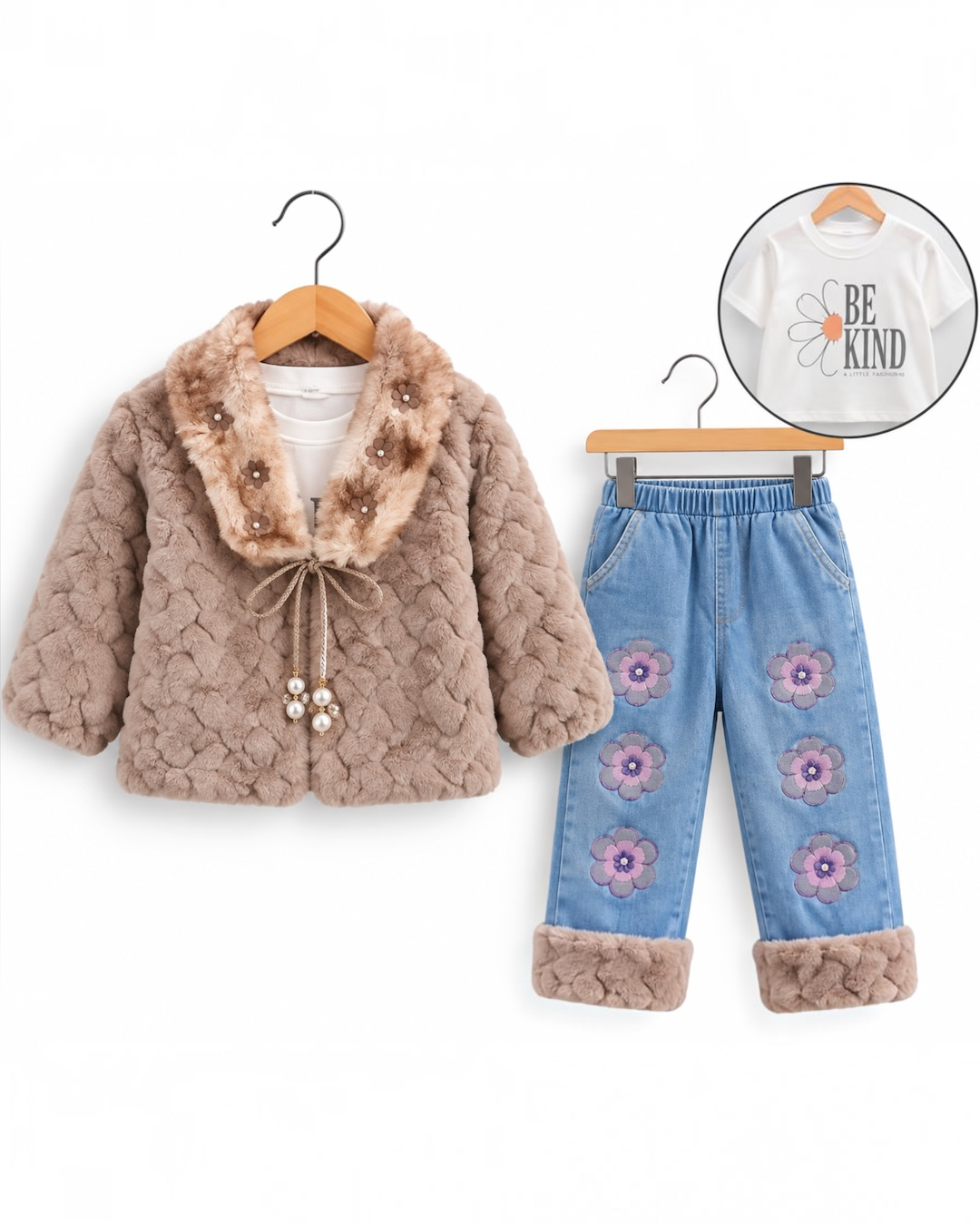 Girls Premium Floral Fur Jacket, T-Shirt & Denim Pants 3-Piece Winter Set