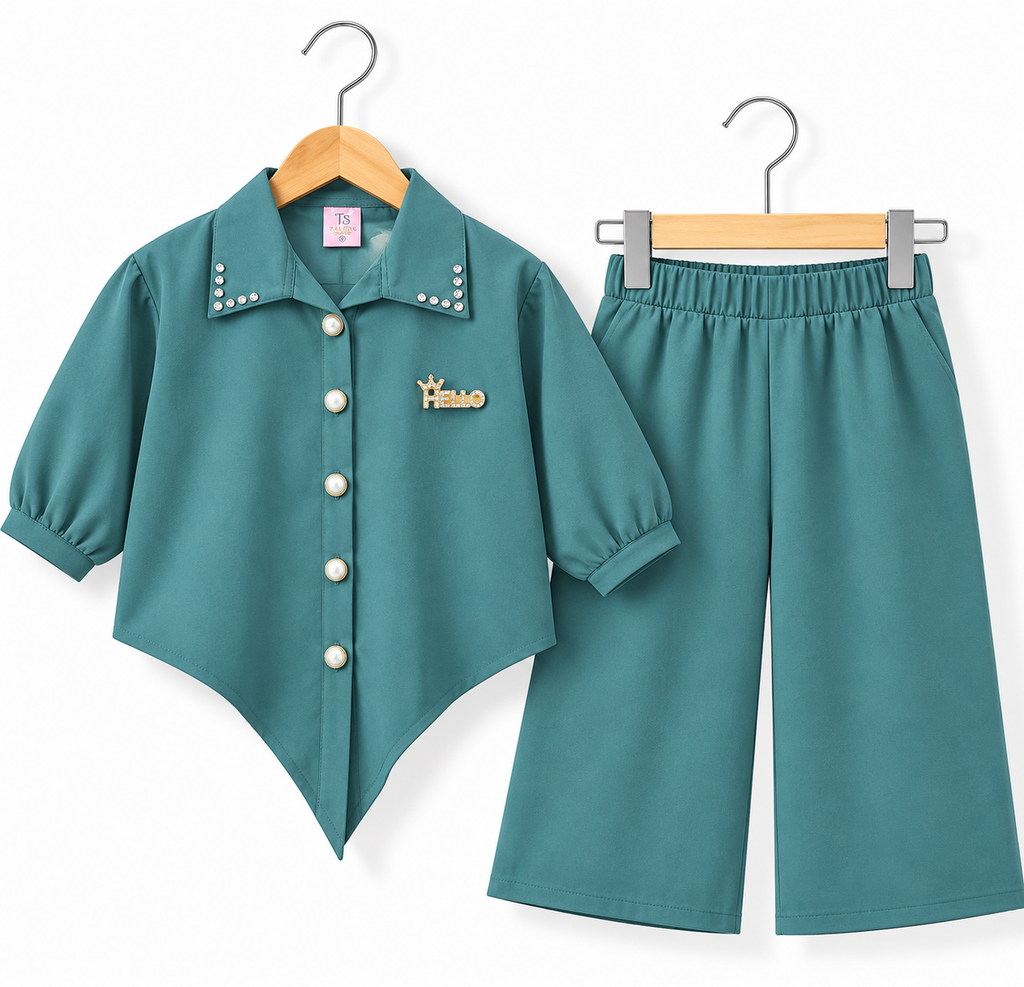 Pearl Studded Collar Girls Co-Ord Set – Shirt & Wide Leg Pants