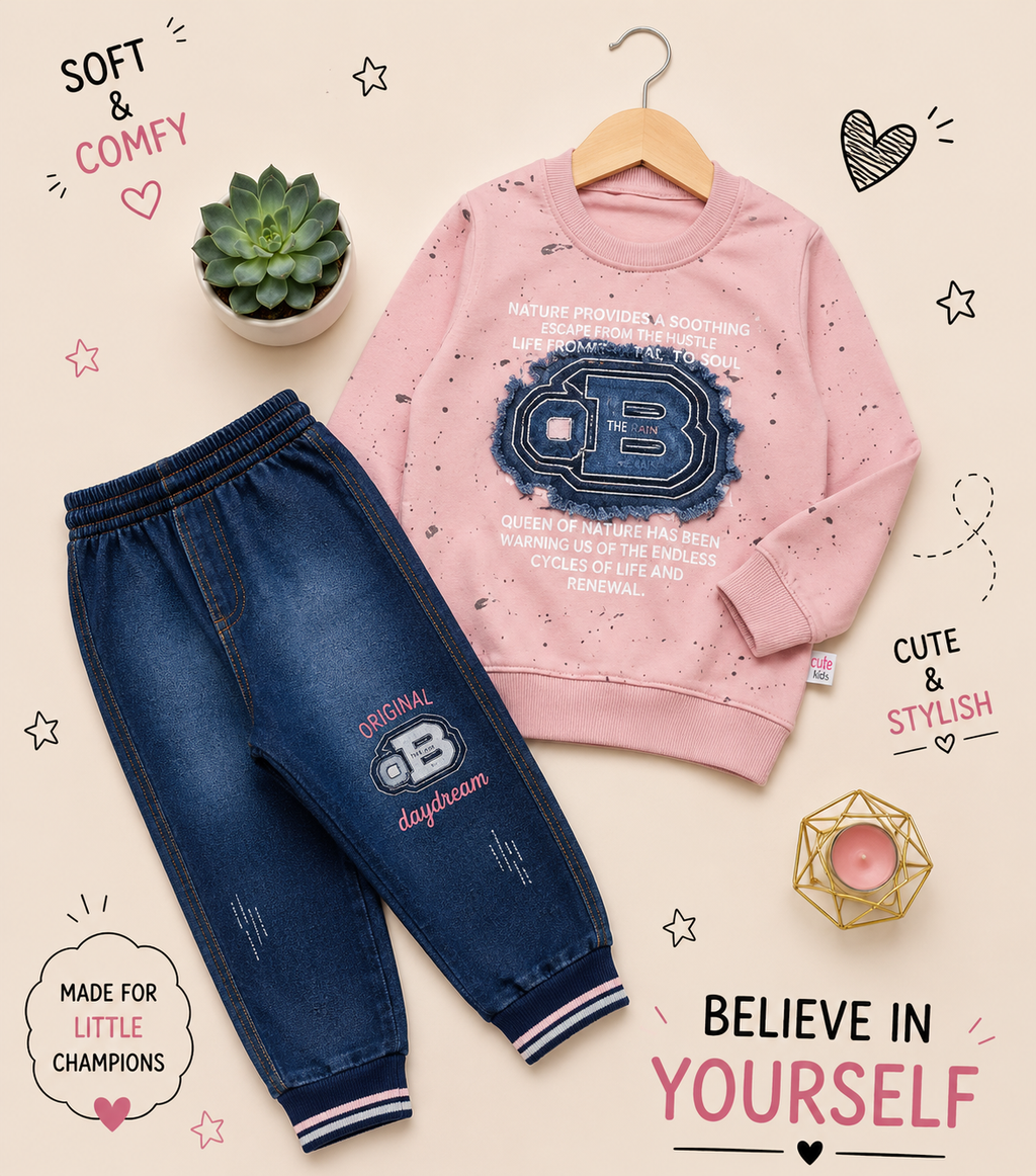 💙 Believe in Yourself Kids Winter Sweatshirt & Denim Jogger Set