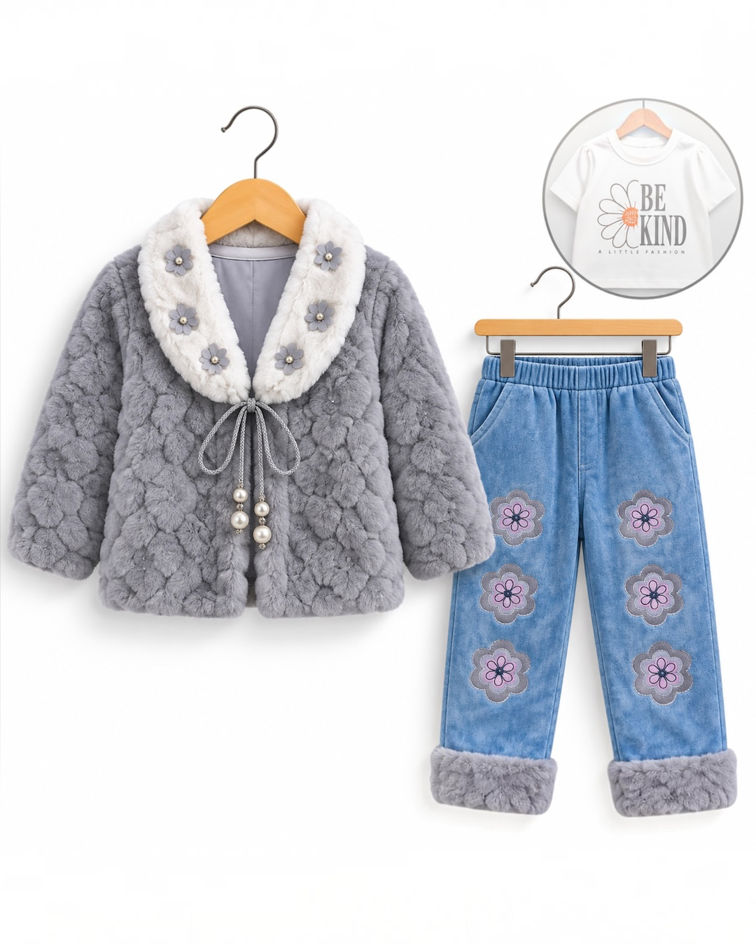 Girls Premium Floral Fur Jacket, T-Shirt & Denim Pants 3-Piece Winter Set